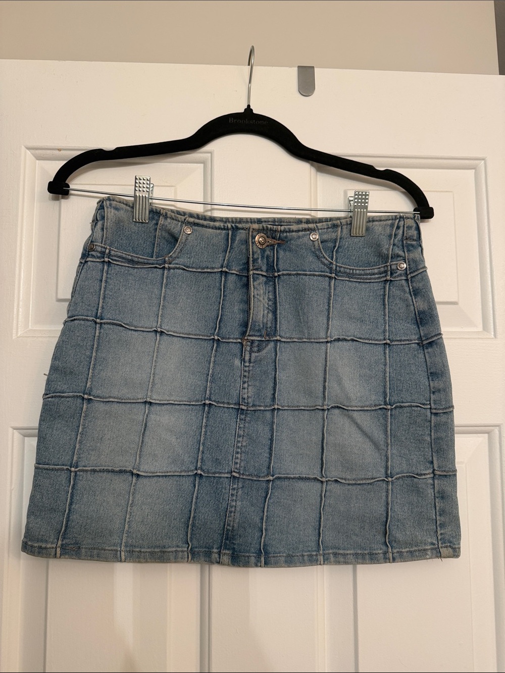 Blue Grid-Panel Denim Mini Skirt